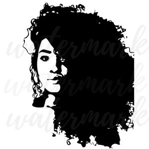 May include: Black and white silhouette of a woman with curly hair. The woman's face is visible, and she is looking to the side.