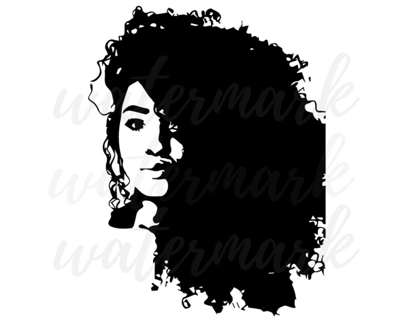 May include: Black and white silhouette of a woman with curly hair. The woman's face is visible, and she is looking to the side.