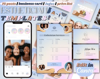 Esthetician Templates Instagram Skincare Business Posts | Esthetician Branding Kit | Clean Girl Aesthetic Canva Templates Logo Business Card