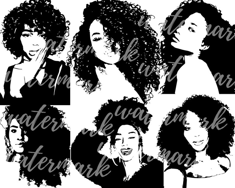 May include: Six black and white illustrations of women with afro hairstyles. Each woman has a different expression and pose.