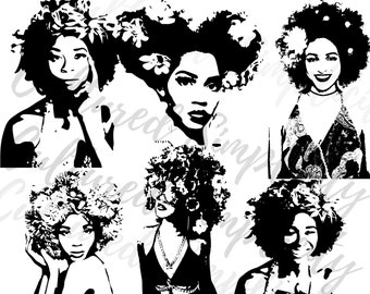 Flower Crown Black Queen SVG bundle, Black Woman SVG bundle, Black Girl SVG, African American svg, Natural hair, curly hair Spring clipart