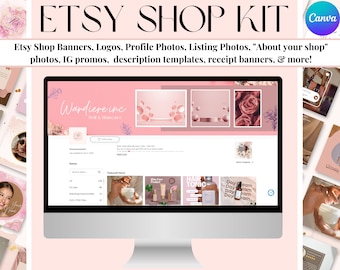 Etsy Shop Kit | Sell on Etsy Branding Kit | Rose Gold Etsy Banner | Feminine Logos | Etsy Templates | Pink Aesthetic Etsy Shop Theme Shopify