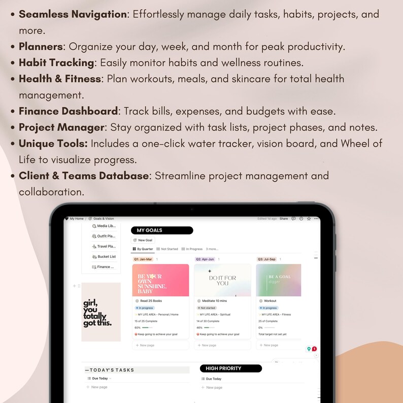 Peut inclure: Capture d'&eacute;cran d'un ordinateur montrant une application de productivit&eacute; avec un sch&eacute;ma de couleurs rose, blanc et bleu. L'application pr&eacute;sente une liste d'objectifs, de t&acirc;ches et une section de haute priorit&eacute;. Le texte &agrave; l'&eacute;cran comprend "Mes objectifs", "Soyez votre propre rayon de soleil", "Faites-le pour vous", "T&acirc;ches du jour" et "Haute priorit&eacute;".