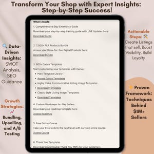 Peut inclure: Un &eacute;cran num&eacute;rique affichant un guide pour les vendeurs Etsy sur la fa&ccedil;on de transformer leur boutique avec des informations d'experts. Le guide comprend des &eacute;tapes concr&egrave;tes, des cadres &eacute;prouv&eacute;s et des techniques pour booster la visibilit&eacute;, fid&eacute;liser la client&egrave;le et augmenter les ventes. Le guide comprend un guide complet d'excellence Etsy, un pack de produits PLR, des mod&egrave;les Canva, des feuilles de route personnalis&eacute;es, un cours en ligne gratuit et des mod&egrave;les de remerciements.