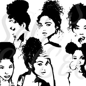 Paquete SVG de cabello rizado de 6, paquete SVG de niña negra, SVG de mujer negra, clipart afro, svg de cabello natural, clipart de niña negra, clipart de mujer negra
