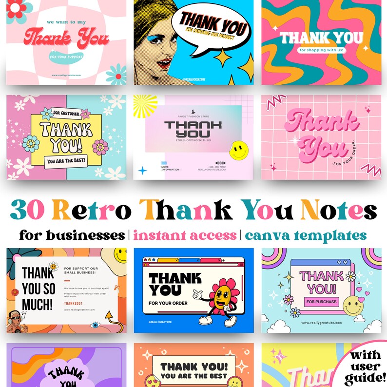 Retro Thank You Card Template Canva Editable Small Business Groovy ...