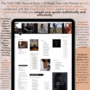 Peut inclure: Une capture d'&eacute;cran d'un ordinateur montrant une application de planificateur num&eacute;rique avec un fond bleu clair. L'application s'appelle "The That Girl Second Brain + 12 Week Year Life Planner". L'application propose une vari&eacute;t&eacute; de fonctionnalit&eacute;s, notamment une liste de t&acirc;ches, un gestionnaire de projets, des notes, un suivi des habitudes, et plus encore. L'application est con&ccedil;ue pour aider les utilisateurs &agrave; g&eacute;rer leur temps et &agrave; atteindre leurs objectifs.