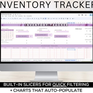 May include: A computer screen displaying a spreadsheet with a pink and purple floral design. The spreadsheet is titled "Inventory Tracker" and includes sections for order status, inventory categories, items sold, and total sales. The spreadsheet also includes a calendar for March 2023.