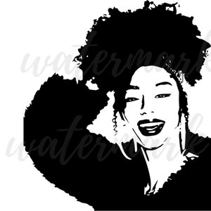 May include: Black and white illustration of a woman with an afro hairstyle smiling. She is wearing a black jacket and has earrings.