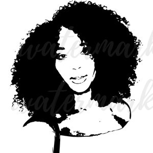 May include: Black and white silhouette of a woman with curly hair. The woman is smiling and looking to the right.