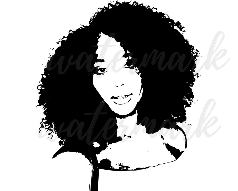 May include: Black and white silhouette of a woman with curly hair. The woman is smiling and looking to the right.