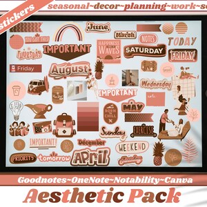 Peut inclure: Un pack de stickers pour planificateur numérique avec 154 stickers présentant une variété de motifs en brun, rose et blanc. Les stickers comprennent des textes tels que "Important", "Aujourd'hui", "Vendredi", "Août", "Juin", "Mai", "Avril", "Décembre", "Vagues de bonheur", "Né pour se détendre", "Exercice", "Week-end", "Priorité", "Demain", "Vous avez ça", "Notes", "Samedi", "Mercredi", et "Note".