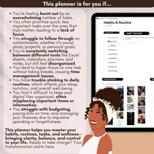 Peut inclure: Une interface d'application de planificateur num&eacute;rique avec une illustration color&eacute;e d'une femme souriante. L'application comprend des sections pour les habitudes et les routines, le bien-&ecirc;tre et un tableau de vision. Le texte &agrave; l'&eacute;cran indique "Habits & Routine".