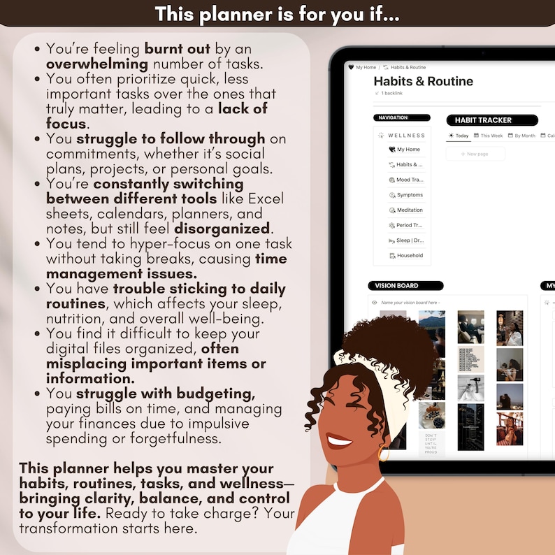 Peut inclure: Une interface d'application de planificateur num&eacute;rique avec une illustration color&eacute;e d'une femme souriante. L'application comprend des sections pour les habitudes et les routines, le bien-&ecirc;tre et un tableau de vision. Le texte &agrave; l'&eacute;cran indique "Habits & Routine".