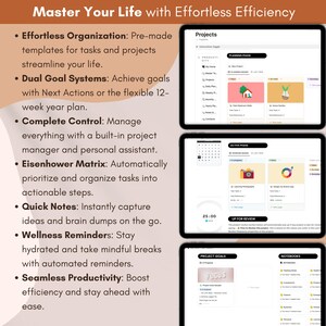 Peut inclure: Une interface d'application de productivit&eacute; num&eacute;rique avec un fond brun clair. L'application propose une liste de fonctionnalit&eacute;s, notamment une organisation sans effort, des syst&egrave;mes &agrave; double objectif, un contr&ocirc;le total, la matrice d'Eisenhower, des notes rapides, des rappels de bien-&ecirc;tre et une productivit&eacute; transparente. L'interface de l'application est affich&eacute;e sur un &eacute;cran d'ordinateur avec une bordure blanche.