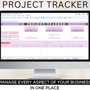 May include: A computer screen displaying a spreadsheet with the title "Project Tracker". The spreadsheet is designed to track project details, including project name, client name, project description, project status, start date, end date, total project cost, amount paid, left to pay, and invoice number. The spreadsheet also includes a progress bar to track project completion.