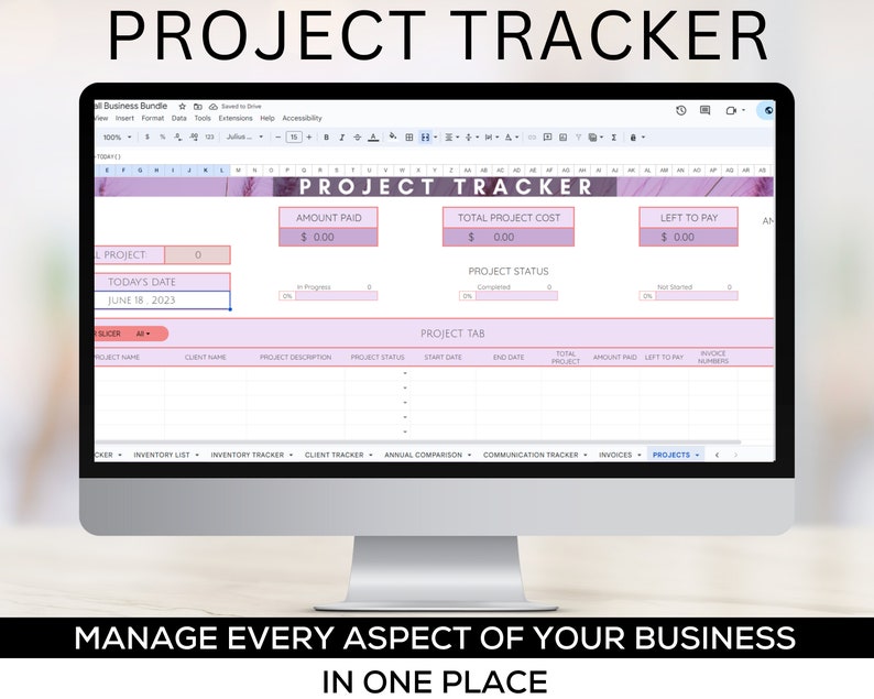 May include: A computer screen displaying a spreadsheet with the title "Project Tracker". The spreadsheet is designed to track project details, including project name, client name, project description, project status, start date, end date, total project cost, amount paid, left to pay, and invoice number. The spreadsheet also includes a progress bar to track project completion.