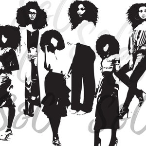 Curly girl Black Afro Woman SVG Bundle, naklejki do cyfrowego planera Afroamerykanów, czarno-białe modele miejskie, naklejki na całe ciało