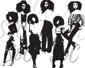 Curly girl Black Afro Woman SVG Bundle, African American digital planner stickers, Urban Black and White Models, Hair full body stickers