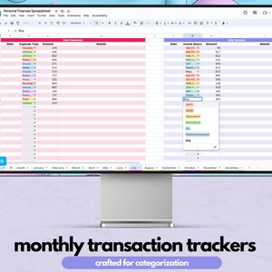 May include: A computer screen displaying a spreadsheet with a pink and blue color scheme. The spreadsheet is titled "Personal Finances Spreadsheet" and is divided into two sections: "July Expenses" and "July Income". The spreadsheet includes columns for date, expense type, amount, and details. The spreadsheet is a tool for tracking personal finances.