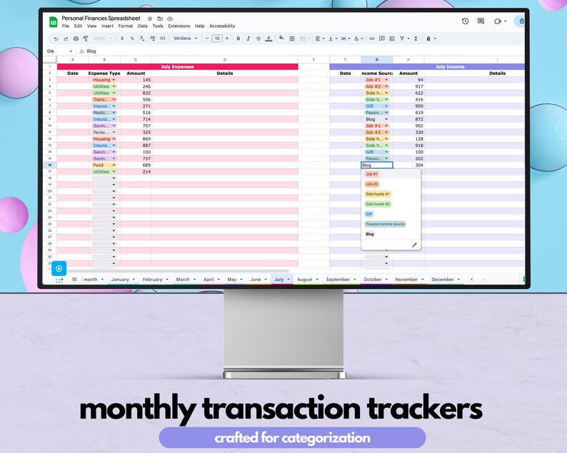 May include: A computer screen displaying a spreadsheet with a pink and blue color scheme. The spreadsheet is titled "Personal Finances Spreadsheet" and is divided into two sections: "July Expenses" and "July Income". The spreadsheet includes columns for date, expense type, amount, and details. The spreadsheet is a tool for tracking personal finances.