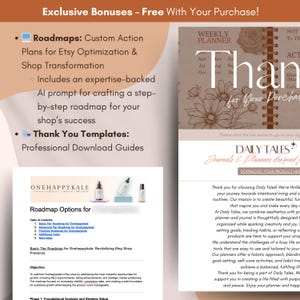 Peut inclure: Un guide de marketing num&eacute;rique pour les vendeurs Etsy, comprenant une feuille de route pour l'optimisation Etsy et la transformation de la boutique. Le guide comprend une invite d'IA pour cr&eacute;er une feuille de route &eacute;tape par &eacute;tape pour le succ&egrave;s de la boutique Etsy. Le guide comprend &eacute;galement des mod&egrave;les de remerciements &agrave; t&eacute;l&eacute;charger professionnellement.