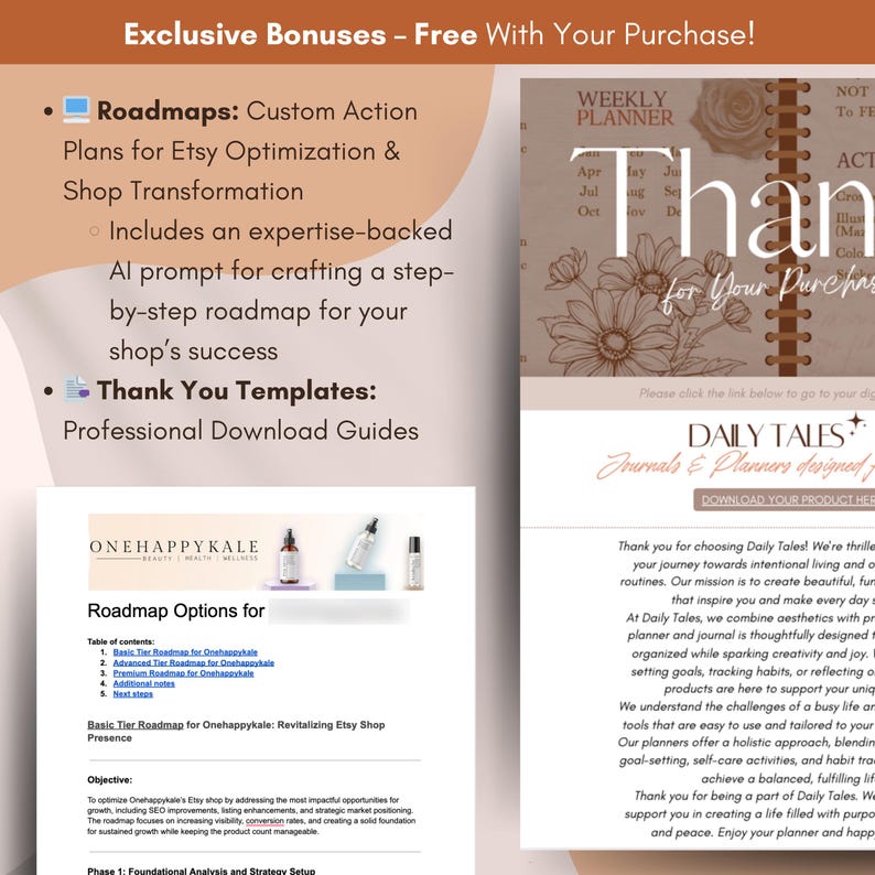 Peut inclure: Un guide de marketing num&eacute;rique pour les vendeurs Etsy, comprenant une feuille de route pour l'optimisation Etsy et la transformation de la boutique. Le guide comprend une invite d'IA pour cr&eacute;er une feuille de route &eacute;tape par &eacute;tape pour le succ&egrave;s de la boutique Etsy. Le guide comprend &eacute;galement des mod&egrave;les de remerciements &agrave; t&eacute;l&eacute;charger professionnellement.