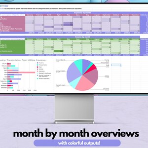 May include: A computer screen displaying a spreadsheet with a monthly budget overview. The spreadsheet includes categories for housing, transportation, food, utilities, insurance, and personal spending. A pie chart shows the breakdown of expenses by category. The text "month by month overviews with colorful outputs!" is displayed below the screen.
