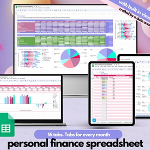 May include: A screenshot of a personal finance spreadsheet with 16 tabs, one for each month of the year. The spreadsheet includes charts and graphs to visualize spending and income. The text "with built in visualizations crafted by a data analyst!" is displayed in the top right corner.
