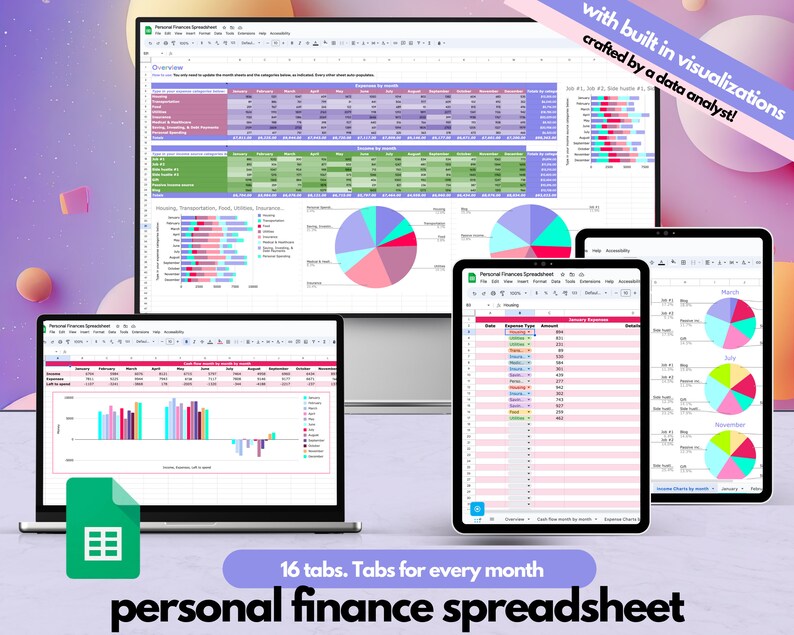 May include: A screenshot of a personal finance spreadsheet with 16 tabs, one for each month of the year. The spreadsheet includes charts and graphs to visualize spending and income. The text "with built in visualizations crafted by a data analyst!" is displayed in the top right corner.