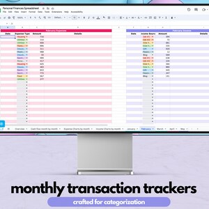 May include: A computer screen displaying a spreadsheet with a pink and blue color scheme. The spreadsheet is titled "Personal Finances Spreadsheet" and is divided into two sections: "February Expenses" and "February Income". The spreadsheet includes columns for date, expense type, amount, and details. The spreadsheet is a tool for tracking personal finances.