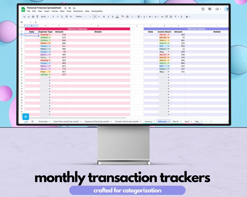 May include: A computer screen displaying a spreadsheet with a pink and blue color scheme. The spreadsheet is titled "Personal Finances Spreadsheet" and is divided into two sections: "February Expenses" and "February Income". The spreadsheet includes columns for date, expense type, amount, and details. The spreadsheet is a tool for tracking personal finances.