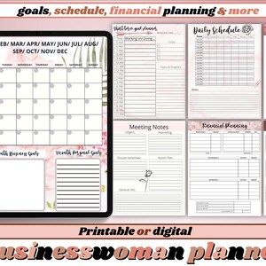 Peut inclure: Un agenda imprimable ou numérique pour femmes d'affaires avec des sections pour les objectifs, l'horaire, la planification financière et les notes de réunion. L'agenda présente un design floral avec des accents roses et dorés.