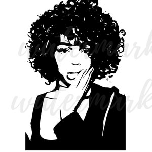 May include: Black and white silhouette of a woman with curly hair, wearing a jacket and looking to the side. Her hand is resting on her cheek.