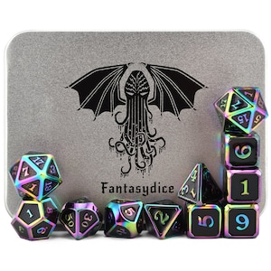 US- Rainbow Cthulhu Scales Metal Dice Set 11 Polyhedral Dice with Metal Box for Dungeons and Dragons D&D DND 5 Edition) For all RPG &#39;s