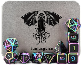 US- Rainbow Cthulhu Scales Metal Dice Set 11 Polyhedral Dice with Metal Box for Dungeons and Dragons D&D DND 5 Edition) For all RPG 's