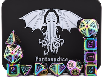 Large Rainbow Cthulhu Metal Dice 11 Dice Set  Metal Box for Dungeons and Dragons (D&D, DND 5 Edition) Call of Cthulhu and Other Games.