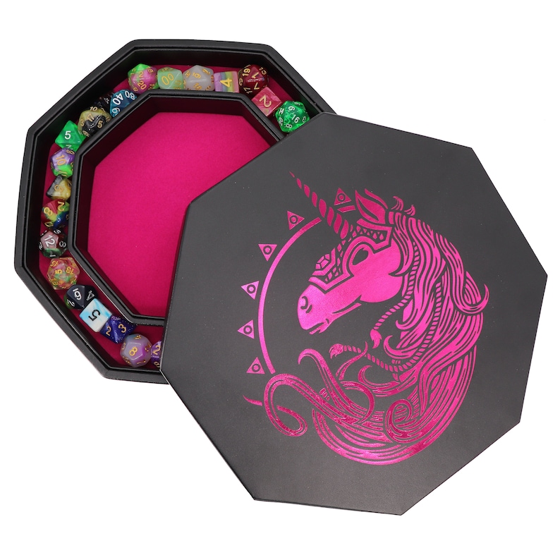 US Fantasydice Electric Pink War Unicorn Dice Tray 8 Octagon with Lid and Dice Staging Area Holds 5 Sets of Dice7 / Standard image 4