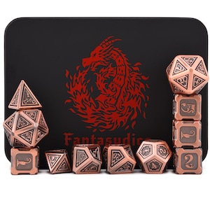US- Fire Dragon Copper Color Metal Dice 11 Dice Set  Metal Box for Dungeons and Dragons (D&D, DND 5 Edition)Call of Cthulhu and Other Games.