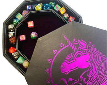 Fantasydice Deep Purple War Unicorn Dice Tray - 8" Octagon with Lid and Dice Staging Area- Holds 5 Sets of Dice(7 / Standard)