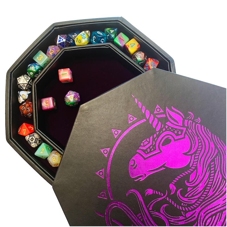 8 Octagon with Lid and Dice Staging Area 7 Standard Holds 5 Sets of Dice Fantasydice Deep Purple War Unicron Dice Tray