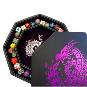Fantasydice Purple Fire Dragon Dice Tray 8" Octagon with Lid and Dice Staging Area- Holds 5 Sets of Dice(7 / Standard) for All RPGs