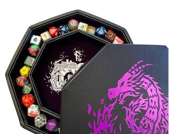 Canada -Fantasydice Purple Fire Dragon Dice Tray 8" Octagon with Lid and Dice Staging Area- Holds 5 Sets of Dice(7 / Standard) for All RPGs