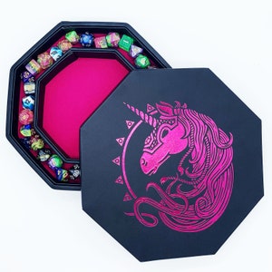 US Fantasydice Electric Pink War Unicorn Dice Tray 8 Octagon with Lid and Dice Staging Area Holds 5 Sets of Dice7 / Standard image 1