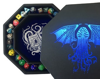 Fantasydice Cthulhu Tome - Blue- Dice Tray 8"(20CM) Octagon with Lid and Dice Staging Area - Holds 5 Sets ( 7 Dice Set/ Standard)