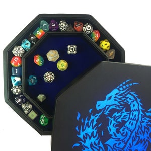 US Fantasydice Blue Fire Dragon Dice Tray - 8" Octagon with Lid and Dice Staging Area- Holds 5 Sets of Dice(7 / Standard) for Tabletop RPGs