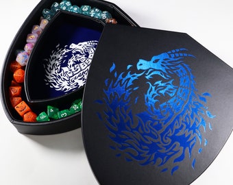 Fantasydice Blue Fire Dragon Shield Dice Tray  with Lid and Dice Staging Area- Holds 6 Sets( 7 Dice Set/ Standard) for All Tabletop Games