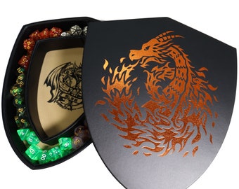 Fantasydice Chromatic Fire Dragon Shield Dice Tray with Roll or Die Design with Lid and Staging Area Holds 6 Sets( 7 Dice Set/ Standard)