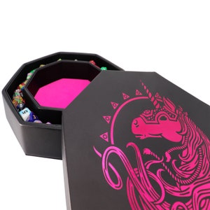 US Fantasydice Electric Pink War Unicorn Dice Tray 8 Octagon with Lid and Dice Staging Area Holds 5 Sets of Dice7 / Standard image 2
