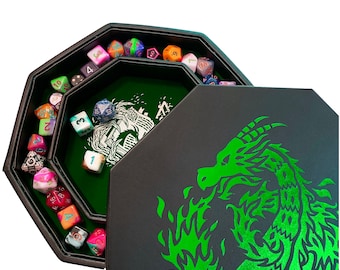 Canada -Fantasydice Green Fire Dragon Dice Tray  8" Octagon with Lid and Dice Staging Area- Holds 5 Sets of Dice(7 / Standard) for All RPGs